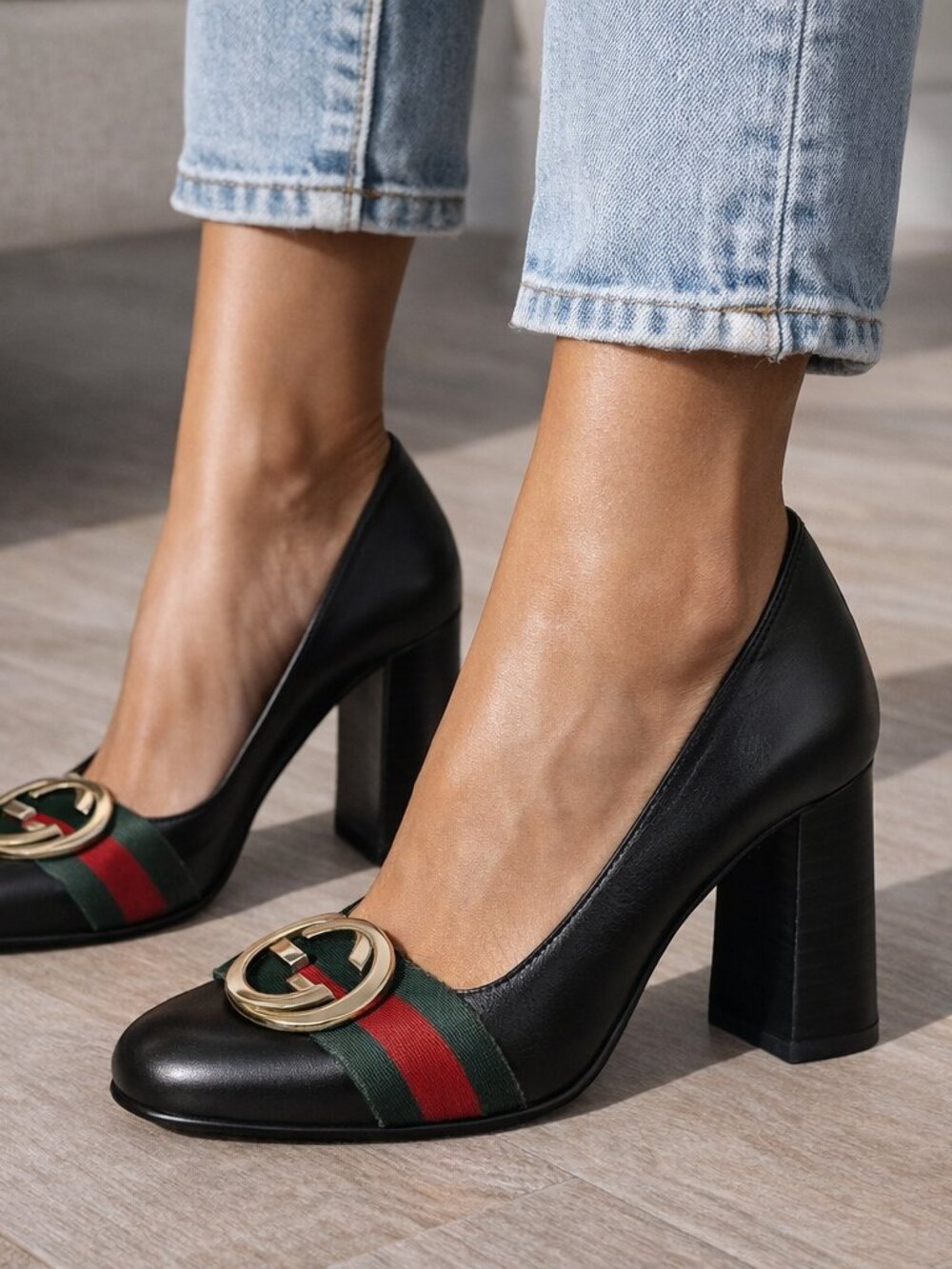 Gucci Marmont GG Logo Web Stripe Heels Black Leather Block Heel Pumps Size 6B